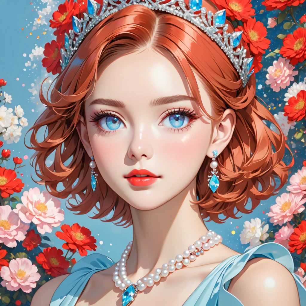 Short hair, (((no blunt))), a crown of silver, light red hair, light brown eyebrows, no tight bangs, light blue eyes, redish-brown eyeshadow, eyeliner, light skin, a little blush, red lips, white earrings, a pearl necklace, light blue dress, upper body, 1 girl , more prism, vibrant color,