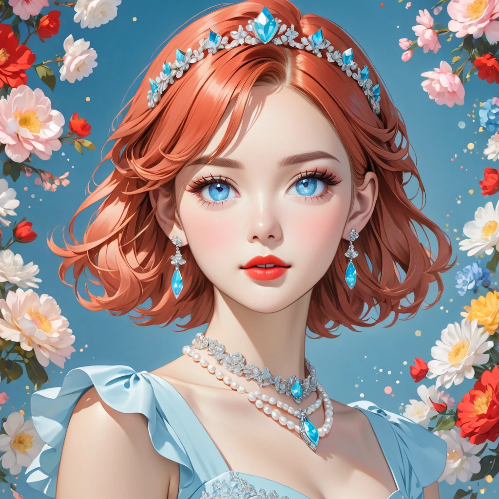 an anime female dressed like a princess with roses all around her on a bright pink background, 1girl, solo, breasts, jewelry, earrings, flower, cleavage, blue eyes, long hair, looking at viewer, parted lips, collarbone, bare shoulders, petals, red hair
