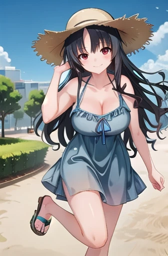 (masterpiece, Highest quality:1.2), Sharp focus,
Glowing Skin,
Shoko Ishida, Red eyes, Black Hair, Long Hair, drill sidelocks,
A Day at the Park: Sundress, Straw hat, Sandals.,
smile, (Huge breasts:0.85), 
(A futuristic casino with holographic dealers and interactive games.:0.7),
