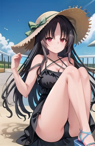 (masterpiece, Highest quality:1.2), Sharp focus,
Glowing Skin,
Shoko Ishida, Red eyes, Black Hair, Long Hair, drill sidelocks,
A Day at the Park: Sundress, Straw hat, Sandals.,
smile, (Huge breasts:0.85), 
(A futuristic casino with holographic dealers and interactive games.:0.7),
