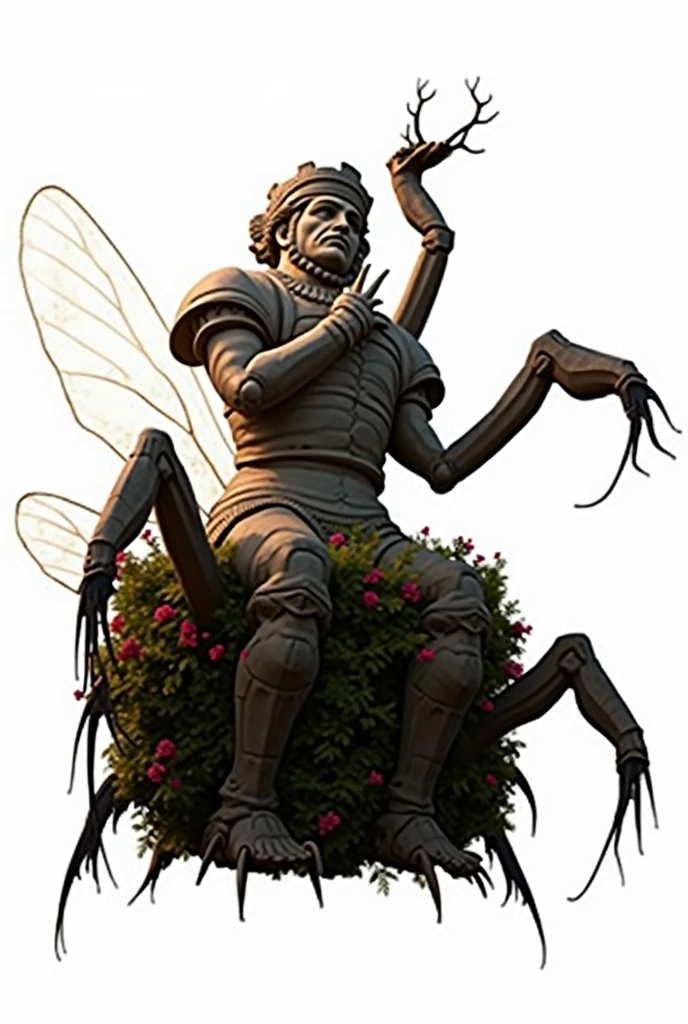 A gigantic stone statue with the lower body of a mosquito and the upper body of a medieval Western nobleman in full dress.,The statue is covered in holes