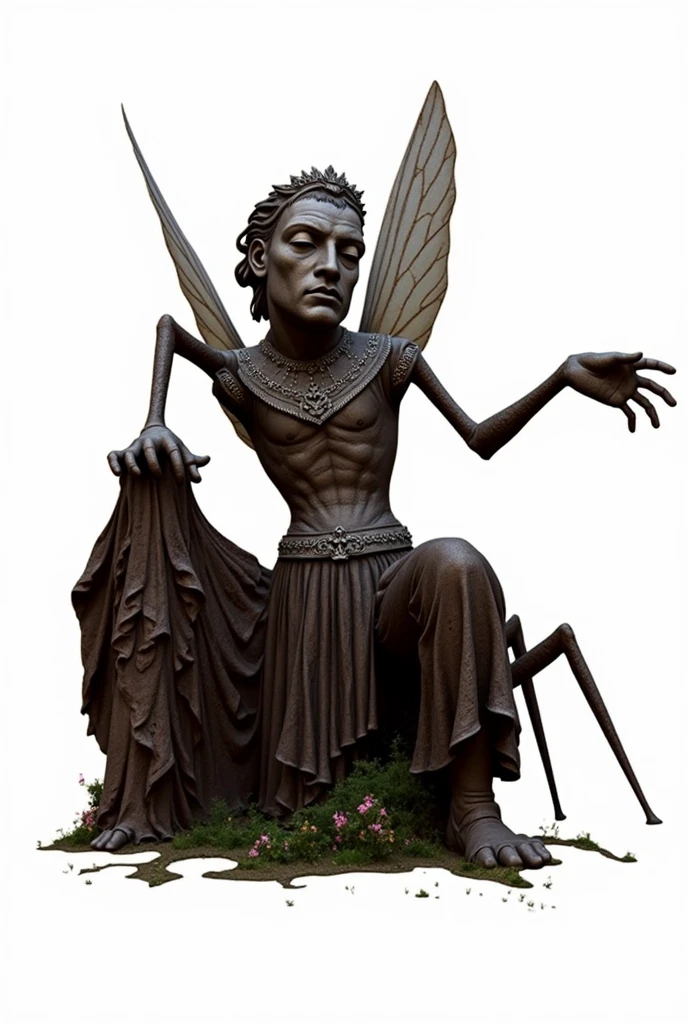  A gigantic stone statue with the lower body of a mosquito and the upper body of a medieval Western nobleman in full dress.，The statue is covered in holes