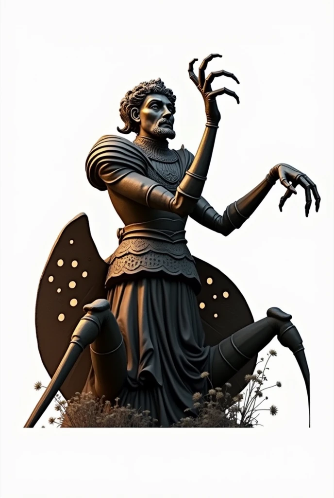 A gigantic stone statue with the lower body of a mosquito and the upper body of a medieval Western nobleman in full dress.,The statue is covered in holes