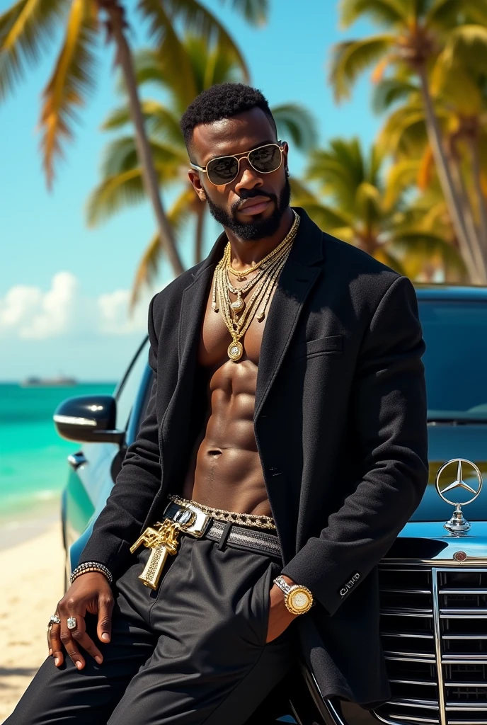 A dark-skinned gangster on the beach with weapons and jewelry, driving a luxury Mercedes Benz Maybach model.