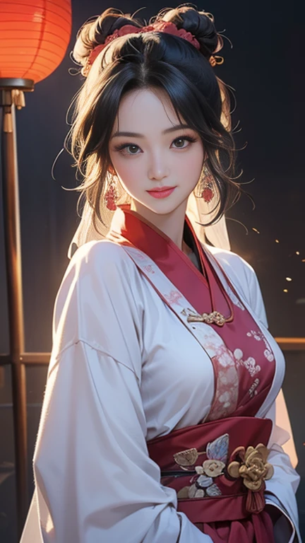 ( High resolution、 Super detailed)、masterpiece、Highest quality、High resolution、8k、Detailed Anime、Buildings from the Tang Dynasty、Tang Dynasty China、Tang Dynasty China、Young and beautiful woman、Beautiful Face、Beautiful Face、Pretty lips、Hanfu、(whole body)、Hair styled in a bright-colored round bun、Smiling eyes、Walking、Cowboy Shot、background、Buildings from the Tang Dynasty、The city of Chang'an during the Tang Dynasty in China、Plum blossom、City lights、Lantern Light、Detailed CG、