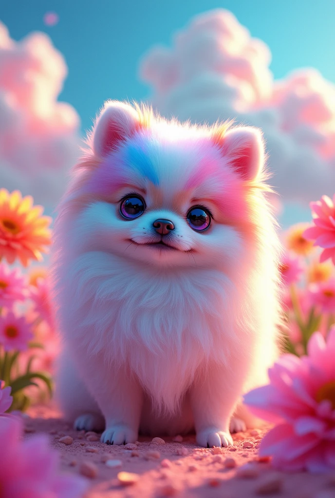 facing the front. A character like a Pomeranian. Not human. The fur is colorful and conspicuous.