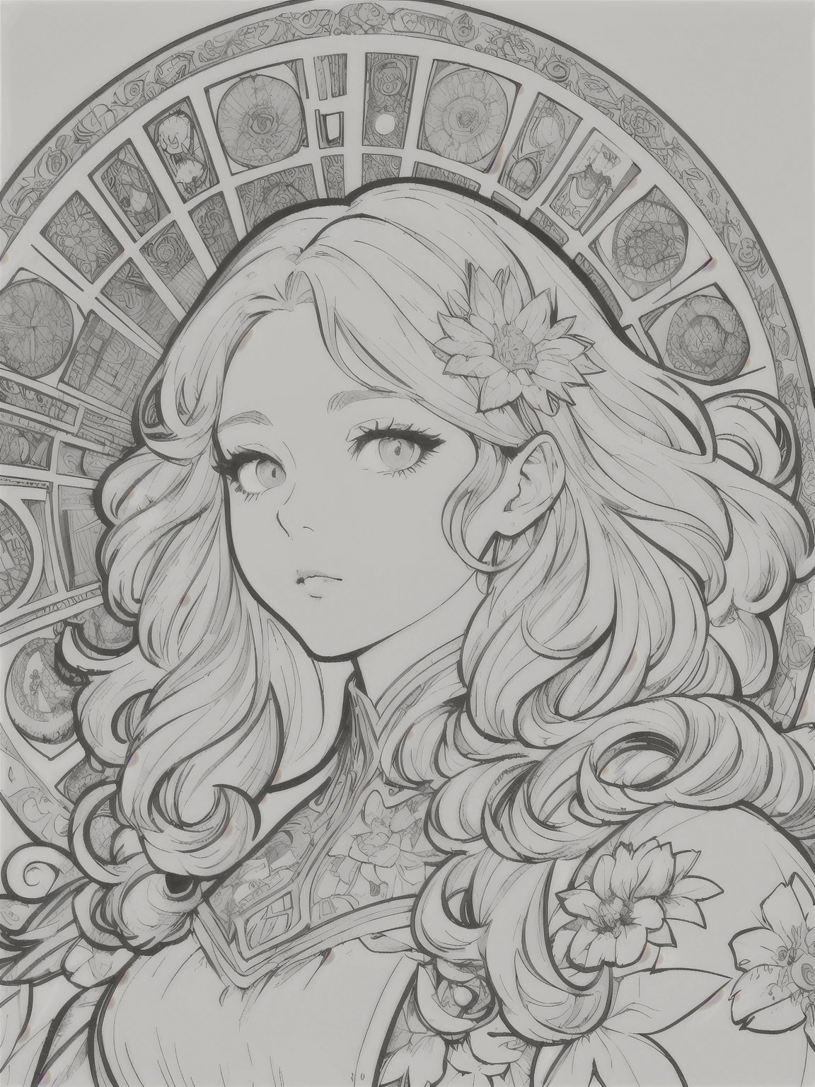 European woman face portrait、Long Curly Hair、blonde、Floral frame、Decorative panel、Abstract Art of Alphonse Mucha、sketch、Character Line、Scenes without color or shadows。 (masterpiece、Highest quality、High resolution:1.4)、detailed、複雑なdetailed、4K、Splashes of color、Line art、Fibonacci、