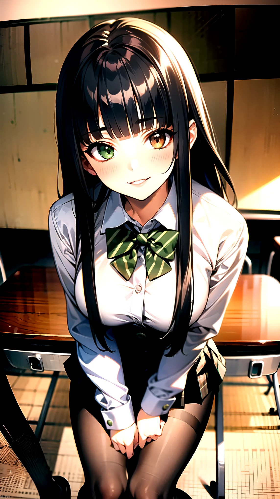 （（super high quality,Ultra-high resolution,4K,8k,super masterpiece,Ultra HD ,Detailed shading））,Full body photo,Dimly lit classroom,1 high school girl,dark green blazer,White dress shirt unbuttoned to the second button,Yellow and black striped bowtie,Brown plaid mini skirt,Black tights,Extremely long, straight, black hair,Side-swept bangs,Heterochromia of orange and green,Sharp gaze with raised eyebrows,smile,Looking up,Sit at a desk,