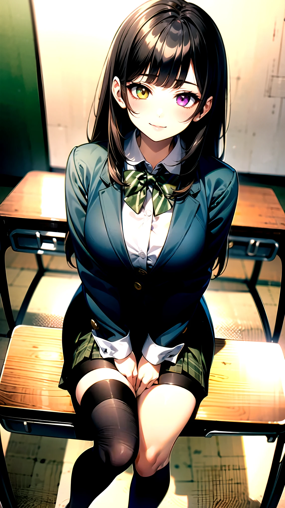 （（super high quality,Ultra-high resolution,4K,8k,super masterpiece,Ultra HD ,Detailed shading））,Full body photo,Dimly lit classroom,1 high school girl,dark green blazer,White dress shirt unbuttoned to the second button,Yellow and black striped bowtie,Brown plaid mini skirt,Black tights,Extremely long, straight, black hair,Side-swept bangs,Heterochromia of orange and green,Sharp gaze with raised eyebrows,smile,Looking up,Sit at a desk,