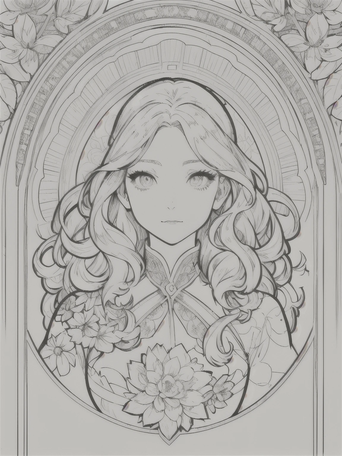 European woman face portrait、Long Curly Hair、blonde、Floral frame、Decorative panel、Abstract Art of Alphonse Mucha、sketch、Character Line、Scenes without color or shadows。 (masterpiece、Highest quality、High resolution:1.4)、detailed、複雑なdetailed、4K、Splashes of color、Line art、Fibonacci、