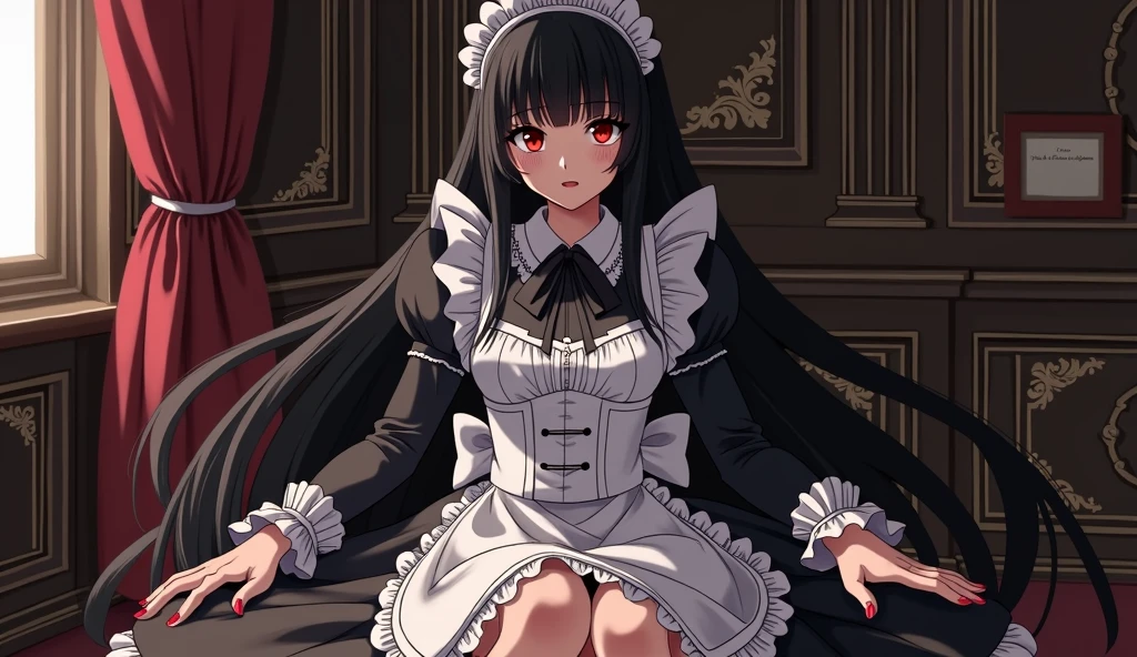 Drawing anime-style adults, Maid clothes, Bblack hair,Long Hair,Black bangs, Perfect hands, Perfect toes, Heart Pupil, With a vengeful eye 