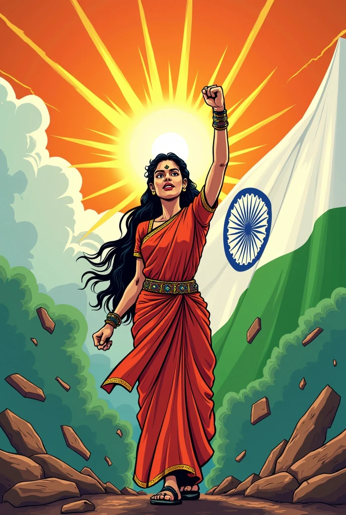 Generate an cartoon image of India increase in rapes and we need to execute these rapist. 

We need to fight it to end it.  In english

Indian Map and Indian flag as background. 