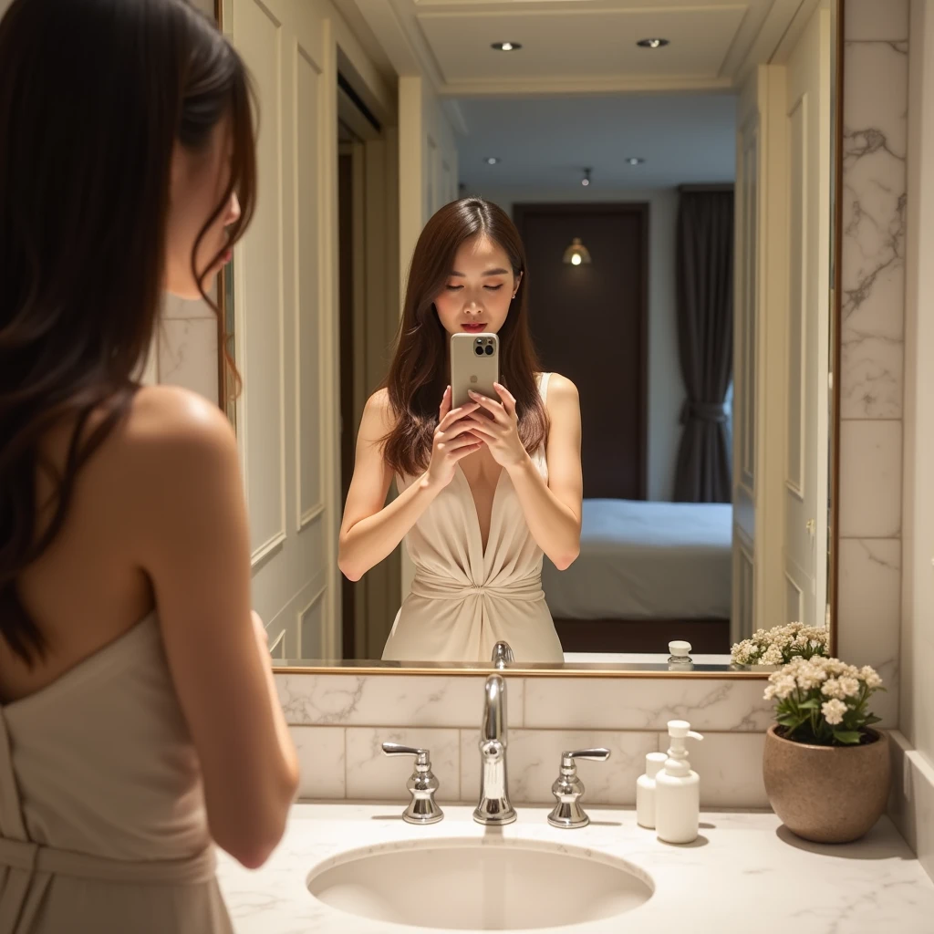 A high-quality self-portrait of an Asian woman using an iPhone 15 Pro Max to take a mirror selfie. She is standing in a luxurious hotel bathroom, with a stylish bedroom visible in the background. The lighting is soft and flattering, highlighting the elegant and modern design of the bathroom, with marble countertops and high-end fixtures. The reflection in the mirror shows the woman holding the phone with confidence, capturing the upscale atmosphere of the hotel room