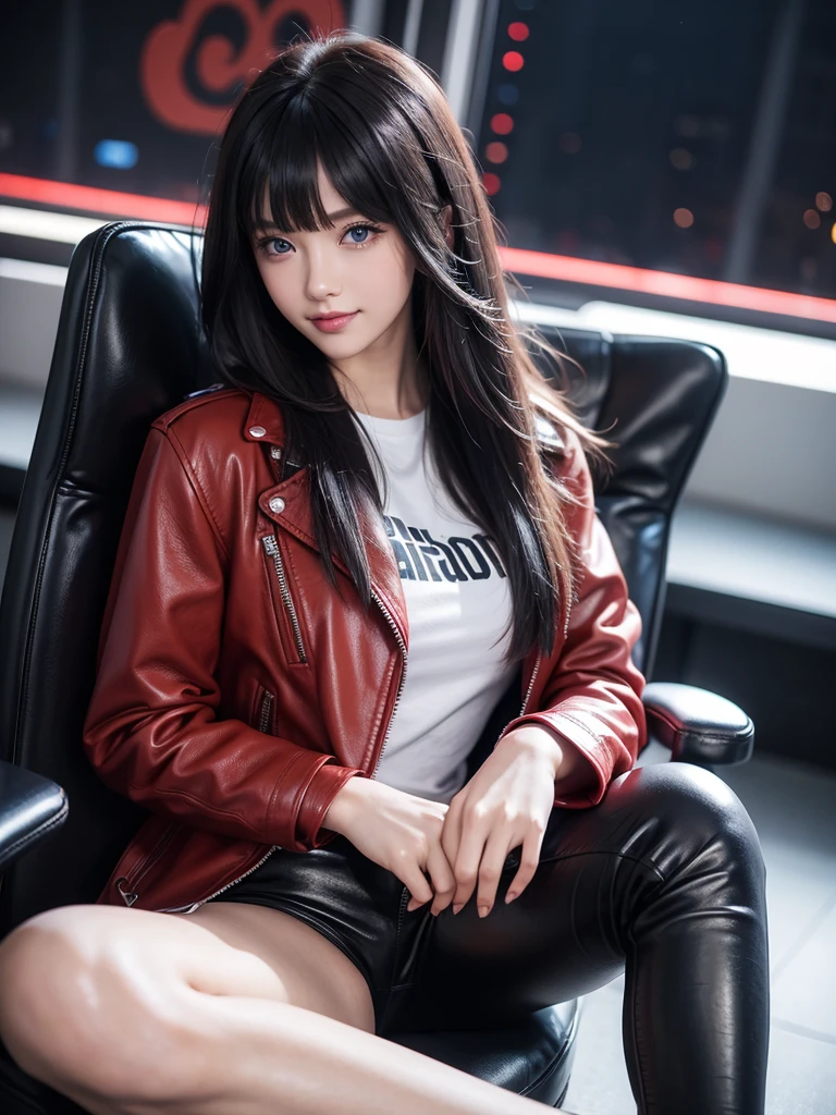 Best Quality,8k,middle School girls,Red Leather Jacket,I'm grating my bangs,Straight Hair,perfectionにまっすぐな髪型,Smooth hair,colorful hair colors,blue eyes,Flashy hair,Cyberpunk Girl,Naughty,model,Absurd,Wearing leather pants,Horny girl,Naughty,masterpiece,perfection,hoodie,smile,Long Hair,Sitting in a chair,