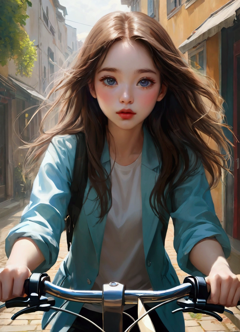 1 girl riding a bicycle, Dreamy,abstract,Broken mirror,Fragmented Identity,Self-awareness ,beautiful eyes,Beautiful lips,Perfect face,Photorealism,照片级lifelike度:1.37,masterpiece:1.2,4K,Ultra-fine,lifelike,Vivid colors,Studio Lighting,Physical Rendering,Surrealism,
