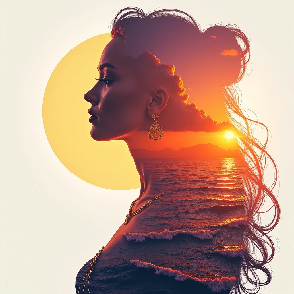 high quality, 8K Ultra HD, A beautiful double exposure that combines an goddess silhouette with sunset coast, sunset coast should serve as the underlying backdrop, with its details incorporated into the goddess , crisp lines, The background is monochrome, sharp focus, double exposure, by yukisakura, awesome full color,