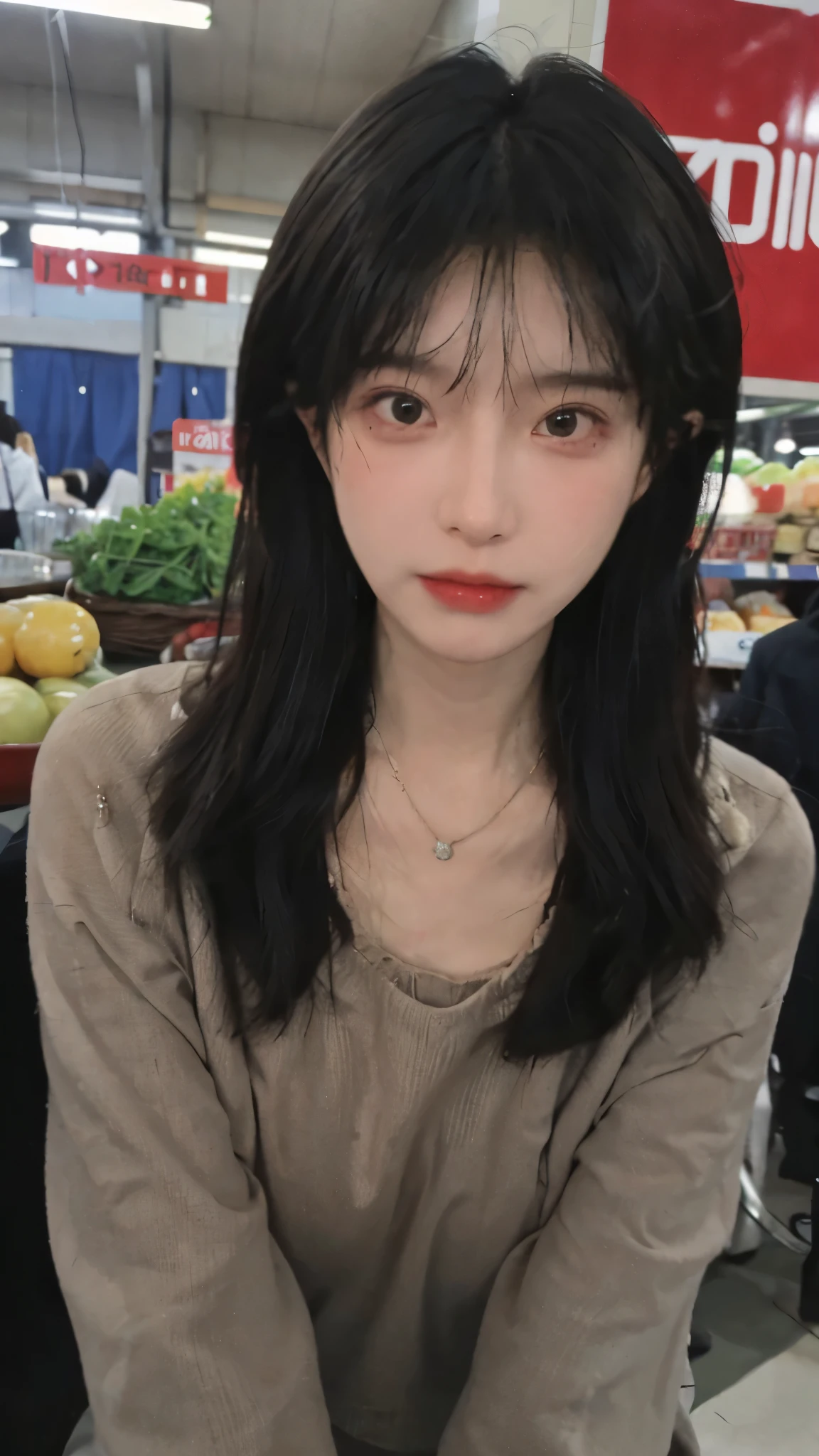 Best quality,Ultra-high resolution,(Realism:1.4),Cute hairpins,girll,Cropped black sweater,Look directly at the audience,Full of atmosphere,Beautiful woman with a slim figure:1.4,supermarket,whole body,Super delicate face,Exquisite eyes,Double eyelids,necklace