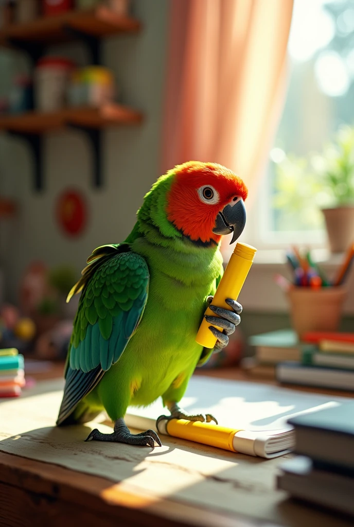A parrot holding a highlighter with its paw