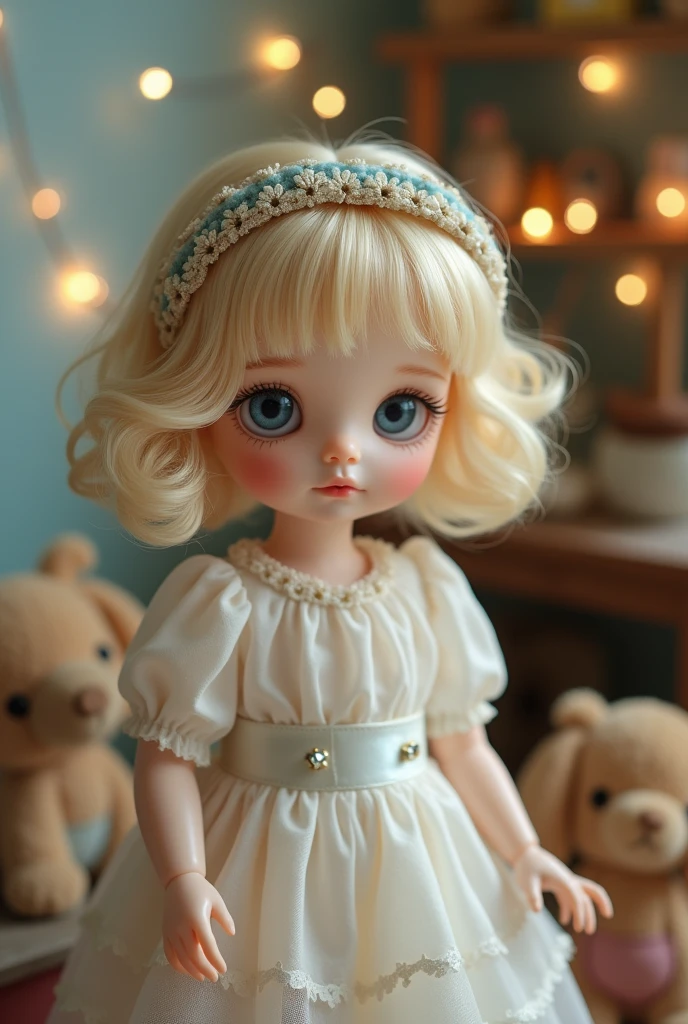 Bisque doll。Blonde。Bob。Curly hair。hair band