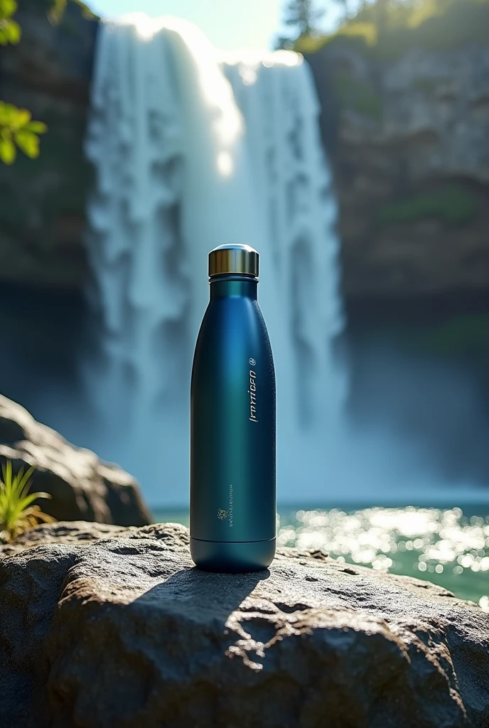 Capture a large and majestic waterfall., Make sure the water flows powerfully from above.. Place the Unitech water bottle below the waterfall., Position it on a rock or clean surface.. Pay attention to how the light and water from the waterfall create sparkling effects and highlight the Unitech bottle.