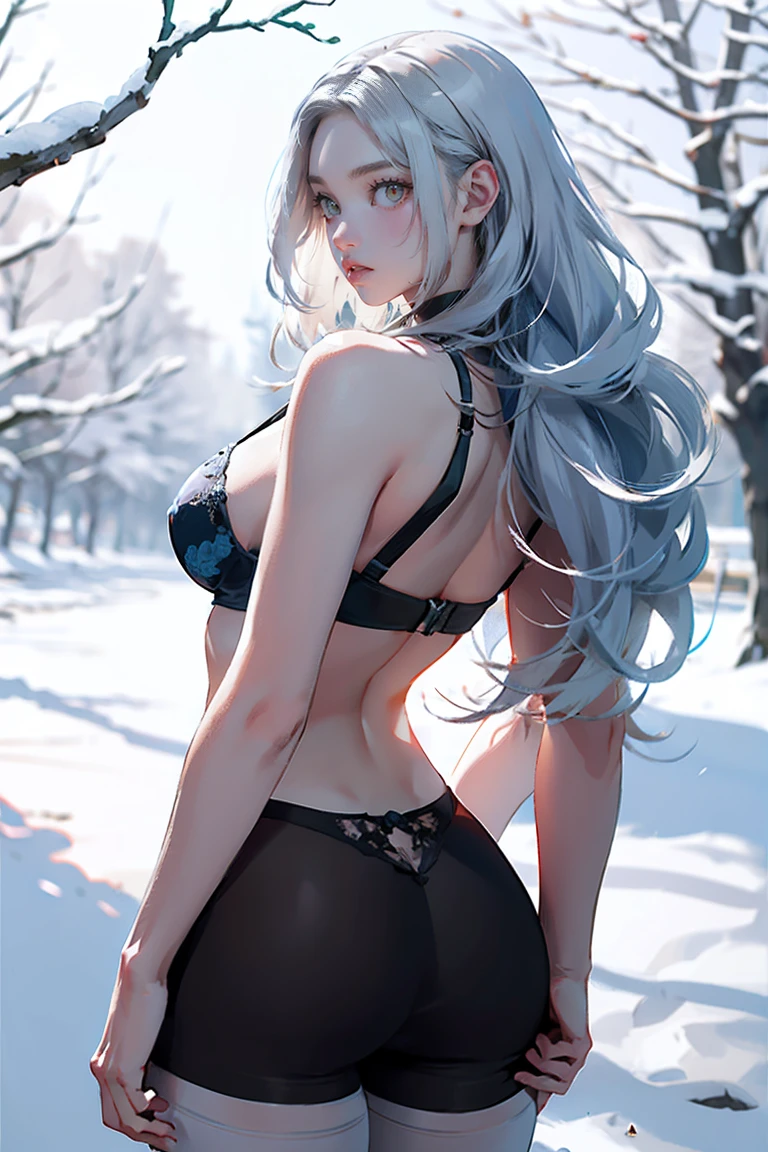 Silver Hair, (Rear View, Rear view),(Best Quality,High resolution,Super detailed,Actual),target,A world covered in silver, Snow covered branches, , Snowflakes dance like elves, Turning the world into a silver fairy tale, Chill, Quiet and beautiful snow scenery., Cozy and quiet, (Sea Art 2.1), (Background Frozen white trees Snow falling:1.4) , (Beautiful blue eyes big stone black:1.4) , (Realistic) ,8K high quality detailed art, Fan Art Best ArtStation, Fantasy art style ,(Thong), (レーザーThong), stockings bra, Leggings White,Sexy body,(The body of a mature woman), NSFW