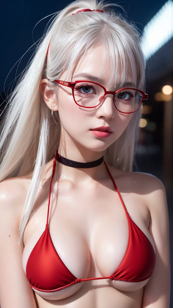 (Highest quality), (Ultra-high resolution), Soft Light, (Realistic), RAW Photos, Japanese, 1girl, cute, (pupil, Light in your eyes), (night sky), big fireworks, white hair, lipstick, eyeshadow, eyeliner, choker, ((red frame eyewear)), sandal, ((Sweaty skin)), ((micro bikini)), abs, (High resolution detail of human skin texture), full body