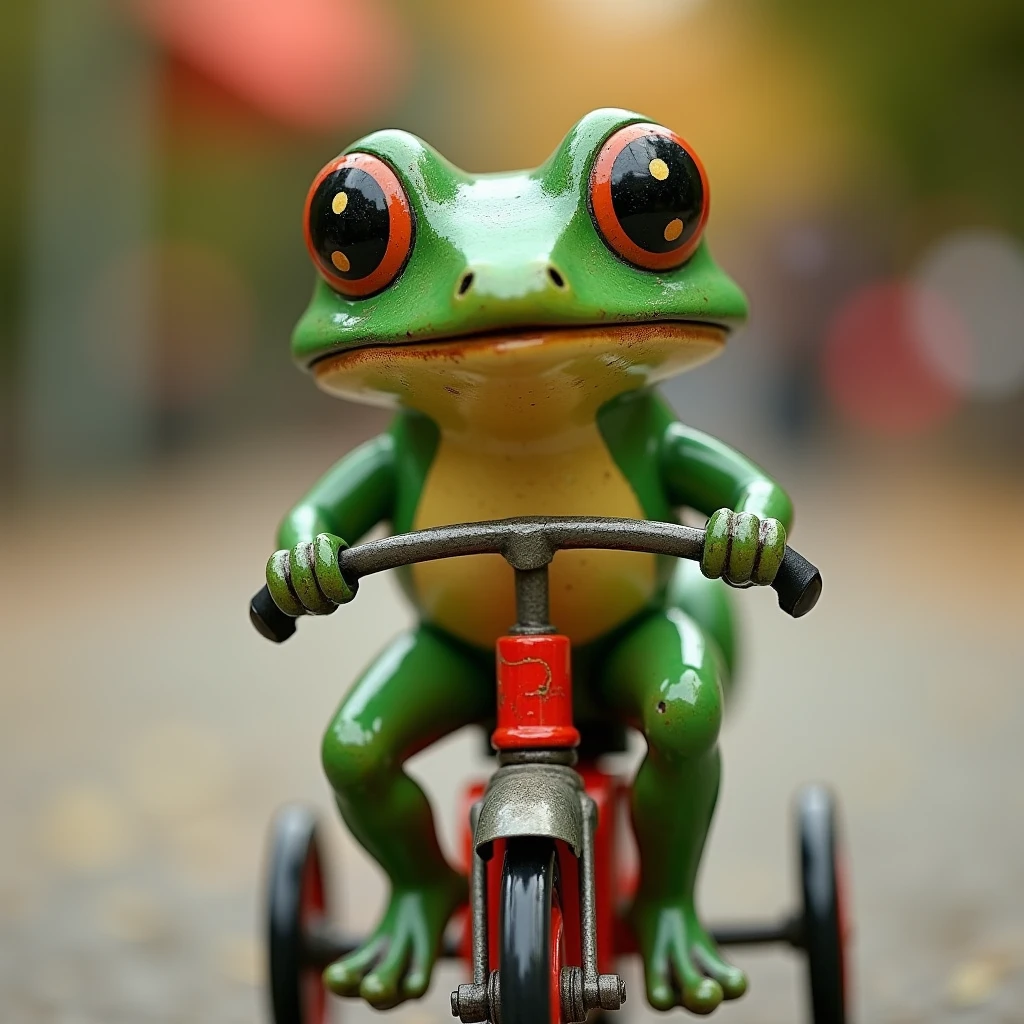 Frog toy on bicycle, tin plate toy, close-up expression, blurry background,