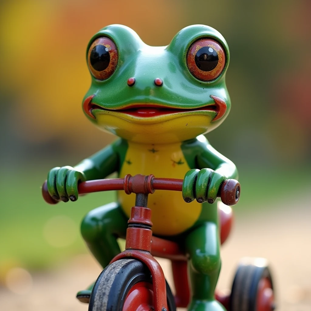 Frog toy on bicycle, tin plate toy, close-up expression, blurry background,
