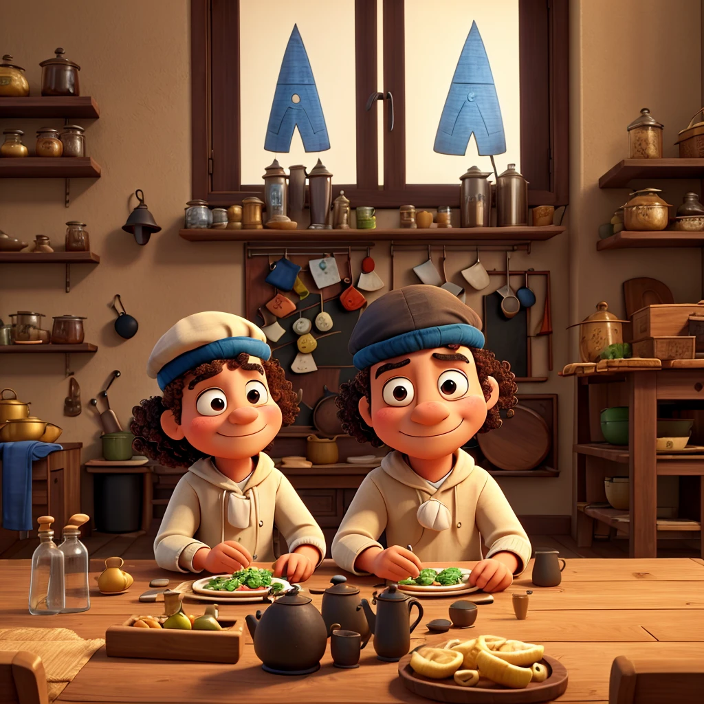 In the total view you can see a kitchen. A May beetle is wearing a Jewish cap and has Jewish curls. And looks sad. He sits at the table