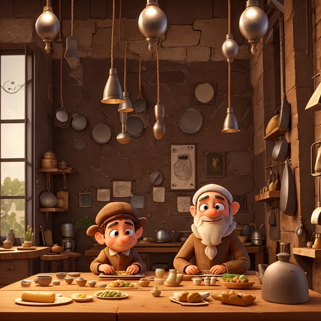 In the total view you can see a kitchen. A May beetle is wearing a Jewish cap and has Jewish curls. And looks sad. He sits at the table 