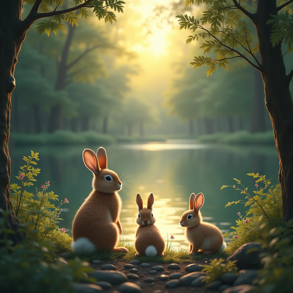 Lake in the forest、Overwhelming silence、Before dawn、Rabbit parent and child、There are 3 rabbits、Parental love、The value of life、The rabbits' fur is light brown、The rabbits' fur is fluffy、The rabbits are looking towards the direction of the light、