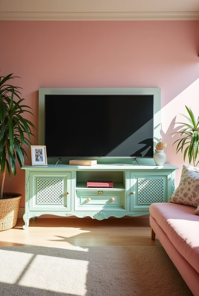 Gyaru living room, beach house, litoral, cosy, pink and mint color, bigger with tv, tv stand, frame, decoration