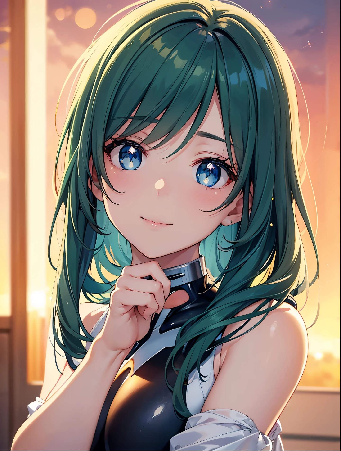 Masterpiece, Hi-Res 1.4), 18K, top quality, illustration, extra fine detail, one girl, voluminous dark green hair, dark green straight hair, emphasis, blue bodysuit like Rei from Evangelion, not transparent coming all over, kind innocent expression, big droopy eyes , blue eyes, looking straight ahead, mature cute expression, smiling, sparkling eyes, focus on face, high quality, exquisite dynamic composition, golden hair clip, beautiful narrow blue eyes in close-up, perfect composition, close-up in profile, narrow blue eyes, full body plug suit, sunset lighting, high quality, perfect composition close-up, sunset lighting, movie light
