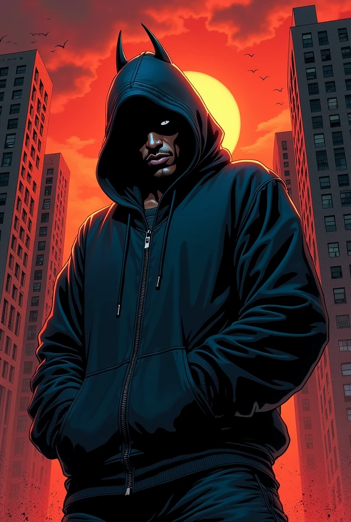 Generate a comic book image for the following description: **Slim Shady in a hoodie:**
```
Yo, it's Slim Shady, the real deal, no fakin',
Gotham's in my hands, and it's mine for the takin'.
You think you're a hero, but you're just a facade,
Like Christopher Reeve, you're crippled and flawed.
``` 8k, hd, comic book-style.
