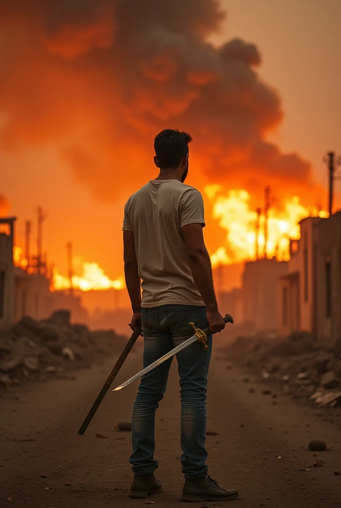 A indian man with jeans and t-shirt pic a sword standing opposite and see the fire with the fire with burn all the world
 make a very huge background