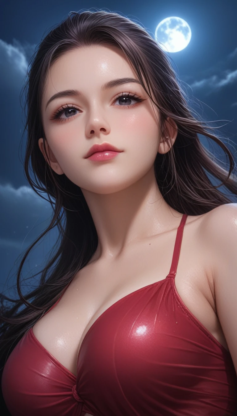 score_9, score_8_superior, score_7_superior, High-resolution CG illustration,A masterpiece in 32K resolution,Highest quality,it is really amazing,Very detailed,Ultra-high resolution,Ultra-realistic,Realistic,Increased depth of field,Cinematic lighting,
Sexy mature Japan woman,
Glossy black hair,Straight Long Hair,Showing his forehead,god々Beautiful,Ultra-detailed and beautiful face,Sensual look,Beautiful dark brown, moist eyes,Pitch black eyes,Glowing, moisturized skin,Translucent white skin,born々New skin texture,Wet body,Great proportions,
Elegant red swimsuit,
Simple design,Chic color scheme based on red,詳細なborn地の質感,
A dark and blurry night background,Dark overcast sky on a dull night,Dark clouds filling the sky,Thundercloud,Coastline at night,Stormy seas,delay々A desolate sandy beach that continues,
Cinematic,Low - Angle,