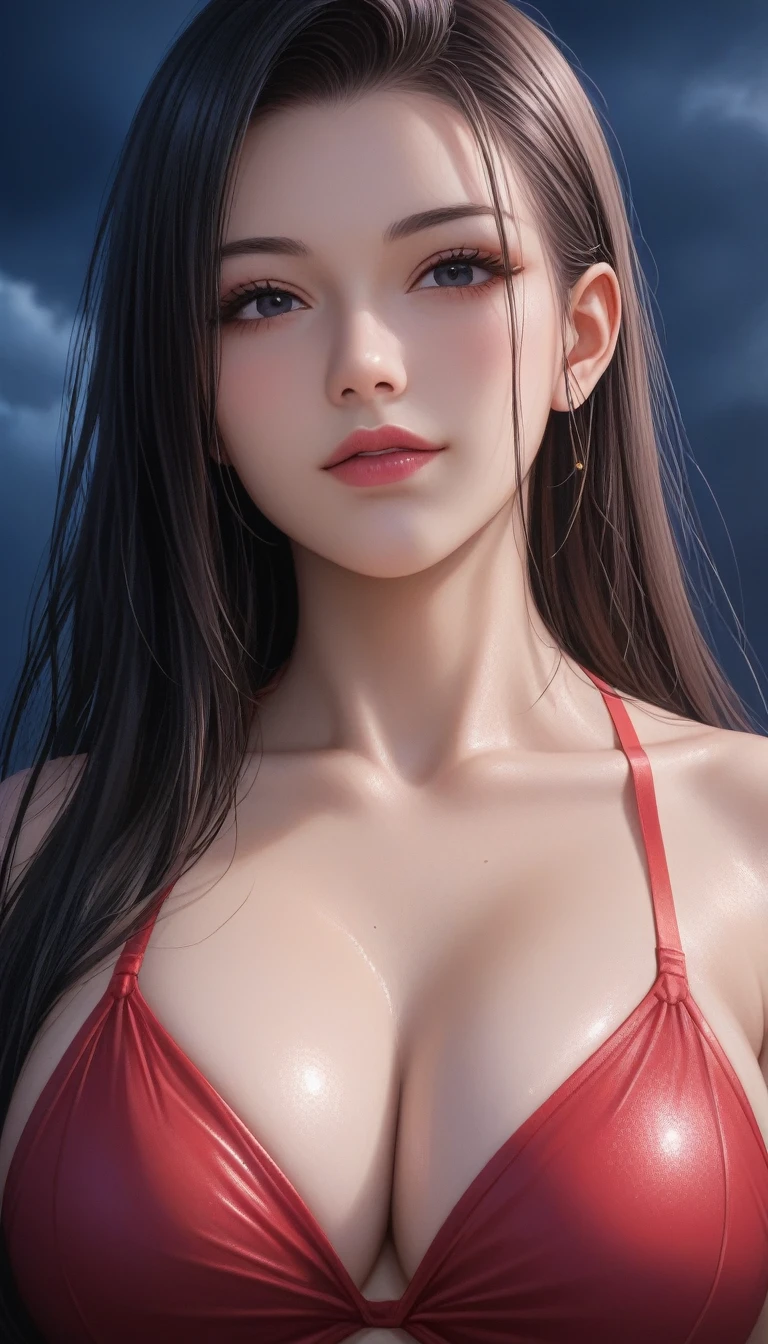score_9, score_8_superior, score_7_superior, High-resolution CG illustration,A masterpiece in 32K resolution,Highest quality,it is really amazing,Very detailed,Ultra-high resolution,Ultra-realistic,Realistic,Increased depth of field,Cinematic lighting,
Sexy mature Japan woman,
Glossy black hair,Straight Long Hair,Showing his forehead,god々Beautiful,Ultra-detailed and beautiful face,Sensual look,Beautiful dark brown, moist eyes,Pitch black eyes,Glowing, moisturized skin,Translucent white skin,born々New skin texture,Wet body,Great proportions,
Elegant red swimsuit,
Simple design,Chic color scheme based on red,詳細なborn地の質感,
A dark and blurry night background,Dark overcast sky on a dull night,Dark clouds filling the sky,Thundercloud,Coastline at night,Stormy seas,delay々A desolate sandy beach that continues,
Cinematic,Low - Angle,