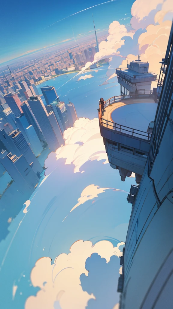 Flat painting, hand-drawn background, Makoto Shinkai's sky, blue, with a studio and city below, drone plane, large background generated from a rooftop perspective, sky occupies a large proportion, large scene