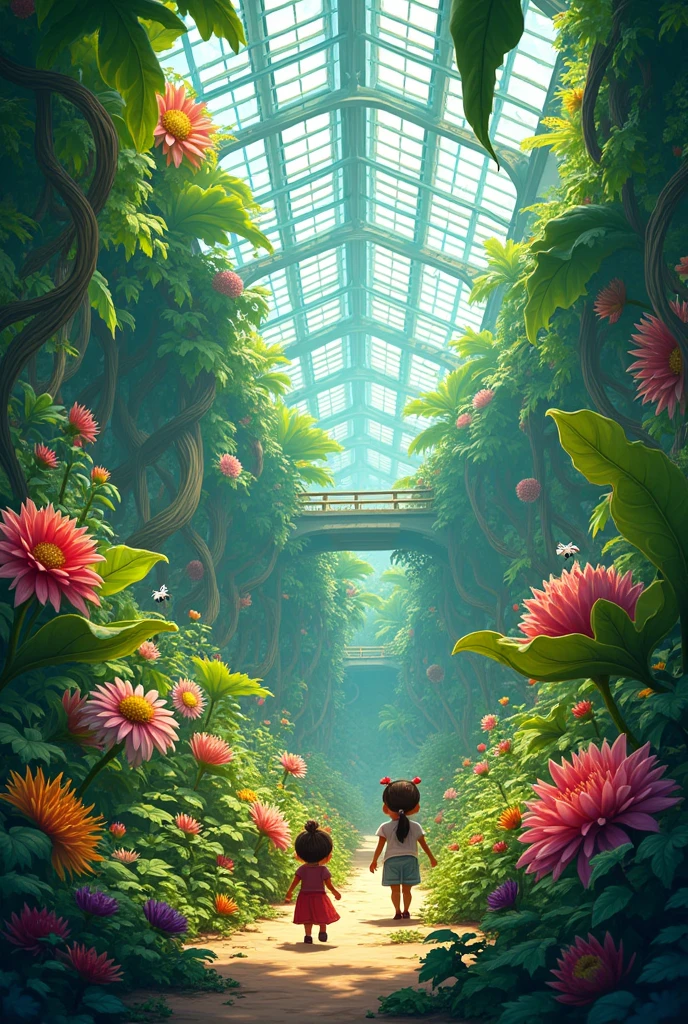 A lush botanical garden inside a huge greenhouse, Detailed illustration, Cartoon, in the style of gravity falls. 