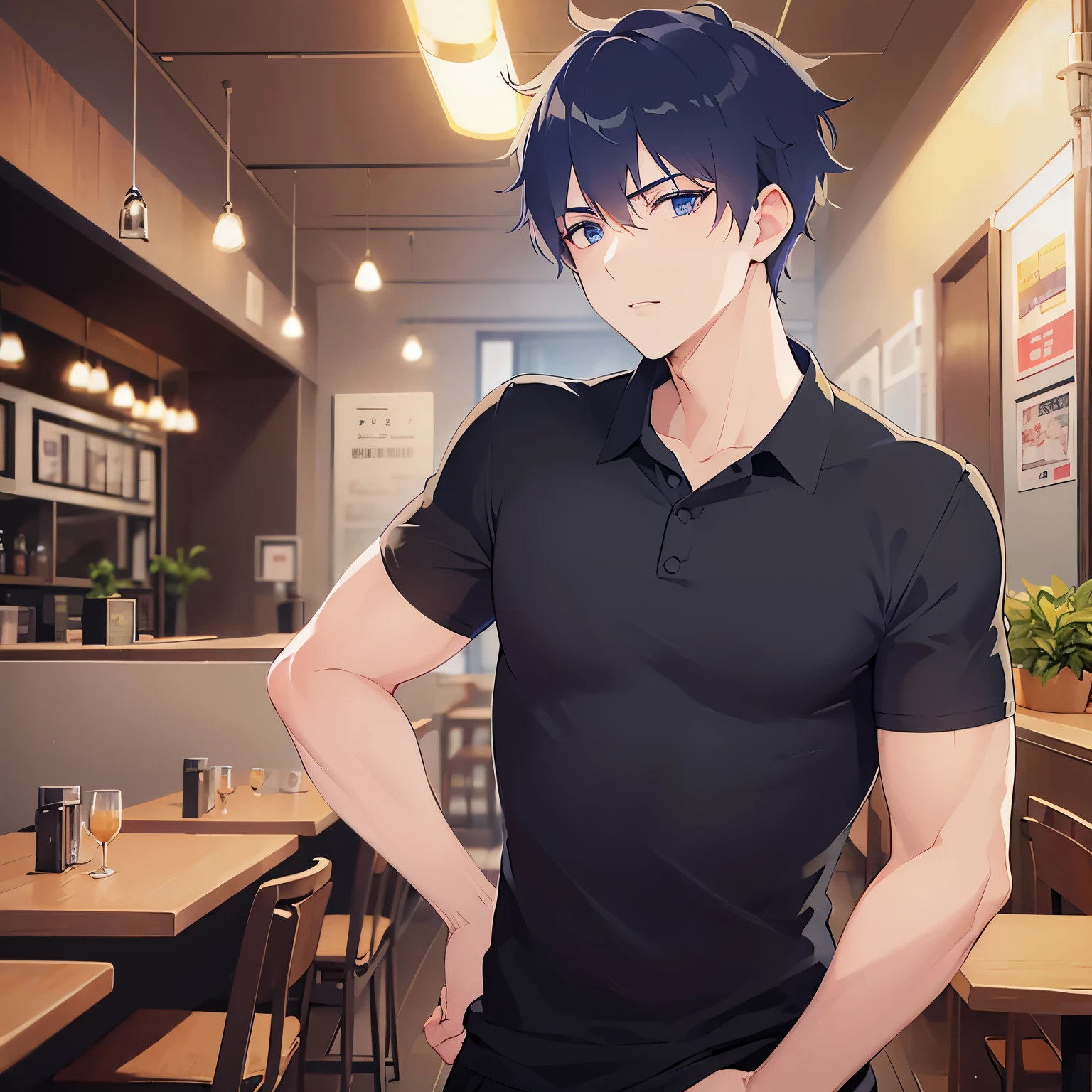 arm behind head, upper body、shiny skin, masterpiece、Highest quality、(25-year-old male:1.5) and (Black short hair) and (blue eyes), BREAK (black polo shirt) BREAK 立っている、(confused:1.2)、The background is a restaurant at night、alone