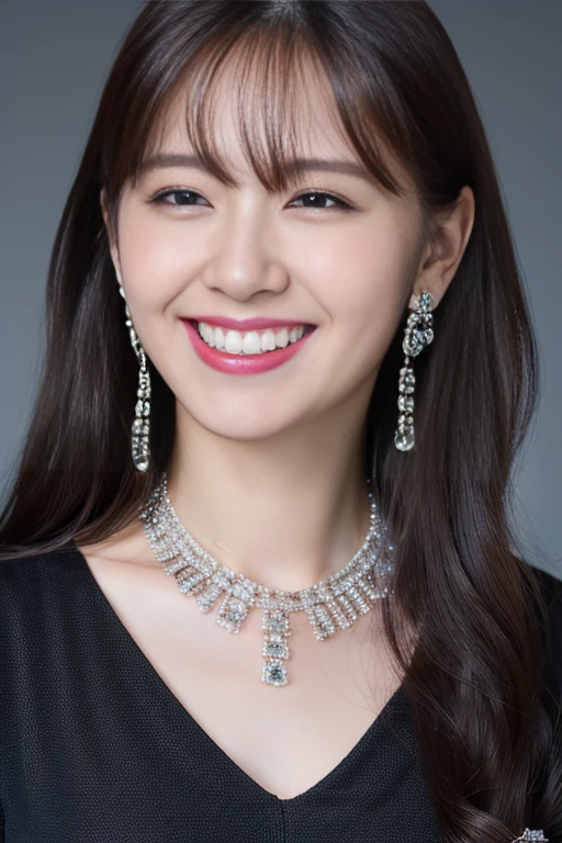 highest quality, masterpiece, ultra high resolution, (realistic:1.4),very detailed,professional lighting smile,black hair、toothy smile、ear piercing、necklace around neck、dark eyeliner