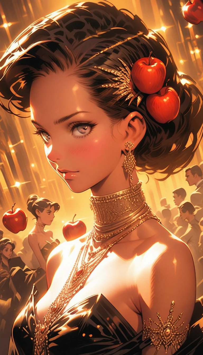 ((best quality)) , ((masterpiece)) , (detailed)，illustration art by Dave Stevens and Lillian Bassman, Graceful (Man:1.2) , Multicolor hair styled as Caesar cut, Comic books, graphic novels, retro style, pin-up art, Fashion and art,elegant and sophisticated, innovative use of light and shadow, capturing the glamour of mid-20th century fashion, portrait art by Mary Cassatt, glossy, ambient, Complex, full color, fine artistic composition, enchanted,(((Lots and lots of apples)))
