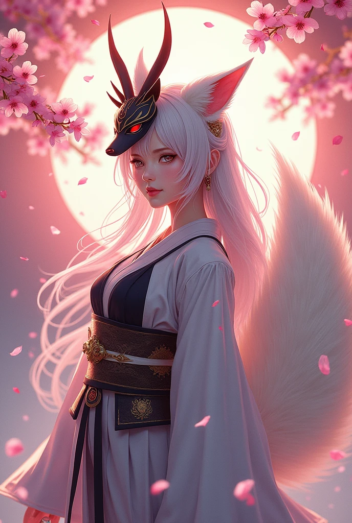 I want an angel-demon woman in anime style with a katana and a kitsune mask on one side of her head as an ornament, dressed in light samurai armor on the demon side and a detailed kimono on the angel side. Japanese style background with cherry blossoms falling behind her and a smoke fox.