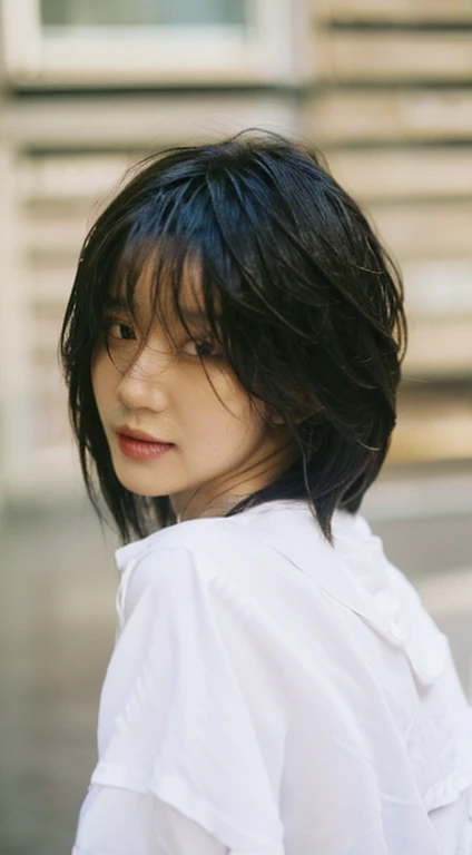 ((Best Quality, 8K, Masterpiece: 1.3)), Sharp: 1.2, Perfect Body Beauty: 1.4, Slim Abs: 1.2, ((Layered Hairstyle, Breasts: 1.2)), (Wet White Button Long Shirt: 1.1), Wind, (Rain, Street: 1.2), Wet: 1.5, Highly Detailed Face and Skin Texture, Fine Eyes, Double Eyelids, Looking Back at the Camera