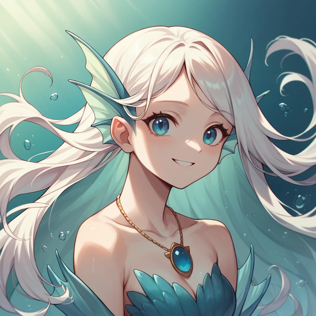 (best quality, masterpiece), 1 mermaid girl, upper body, cute girl, under the sea, (white long hair), straight hair, deep dark blue peyes, smile, whole body, no accessories