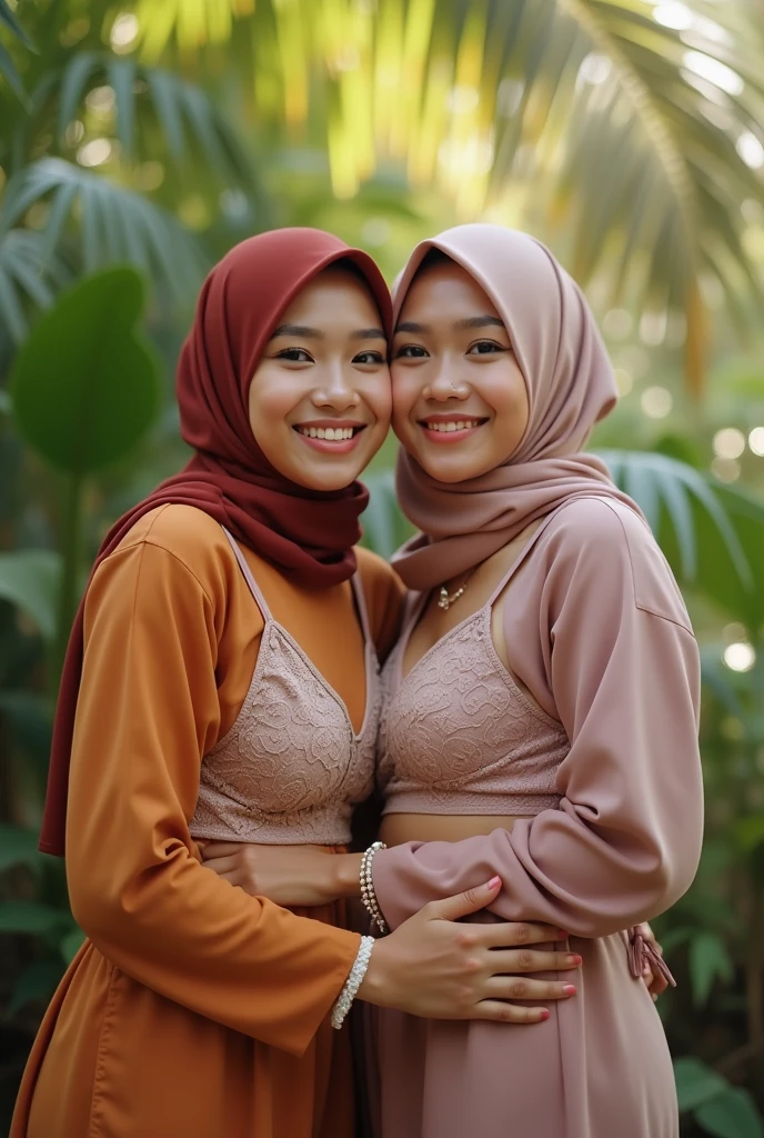two indonesian hijab lesbian girl,bra and short pants only,hugging,kissing,realistic,hd details,front view