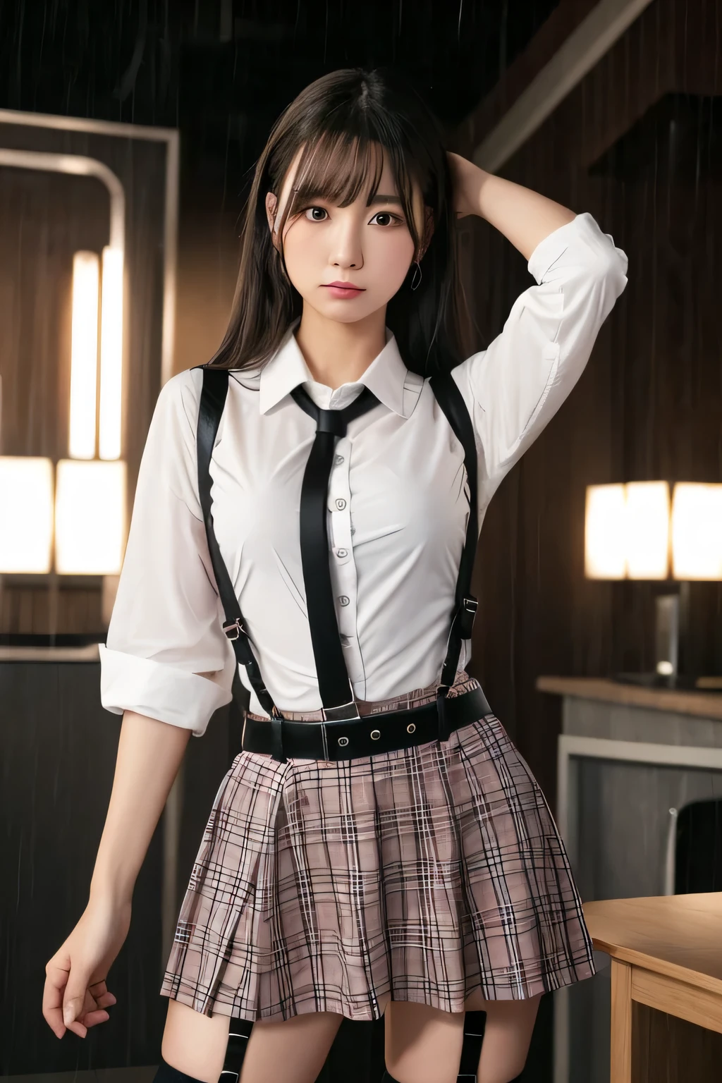 1 female, , high quality, masterpiece, Ultra-high resolution, Cinema Lighting, 1 female, , high quality, masterpiece, Ultra-high resolution, , Cinema Lighting, suspenders Moderate breasts Small face Looking up Sweat Thin belt buzzer 脇Sweat garter belt Belt on pants holster Hands behind your back Looking up Anxious face Knee-high Knee socks Knee-highソックス garter ふとももにgarter belt Checkered mini skirt Panty shot Skirt gap Armament holster holster Hands behind your back Anxious expression Anxious face, legs apart Armament Leg Holster holster See-through clothing heavy rain Rain-soaked dress shirt,Moderate breasts ガーターbelt suspenders Garter on the thigh Checkered mini skirt Looking up Pause belt Armpit sweat Hands behind back Raise your hands