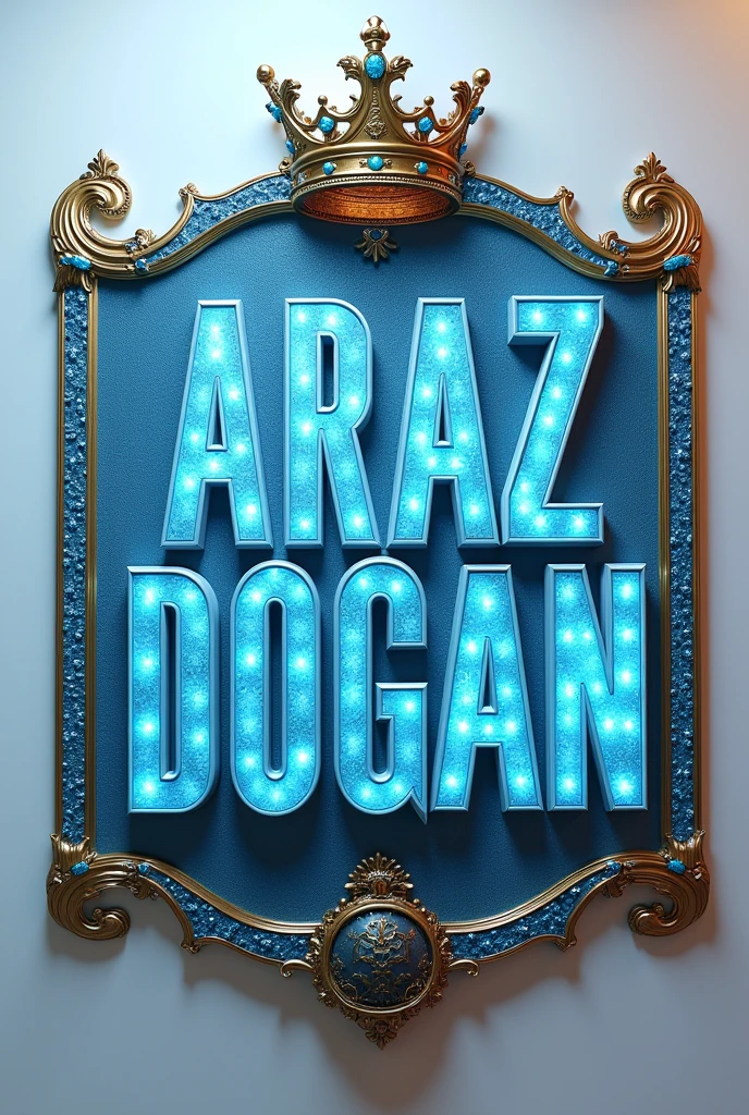 A mesmerizing 3D rendering of a luxurious "ARAZ DOGAN" sign that exudes opulence and refinement. The bold, stately blue metallic letters are encased in dazzling, glittering blue emerald borders. A majestic crown adorns the top of the sign, while an elaborate, curved icon at the bottom adds to the overall splendor. The warm blue light emanating from the sign reflects off the emeralds, casting a gentle radiance that illuminates the entire piece. Set against a pristine white backdrop, the captivating sign serves as a striking wall statement, designed to command attention and admiration. The enchanting display embodies the essence of the design, capturing the spirit of cinematic grandeur and artistry.