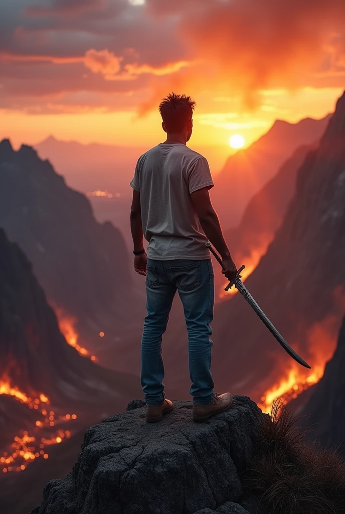 A indian man with jeans and t-shirt pic a sword standing in mountain opposite and see the fire with the fire with burn all the world
make a very huge background