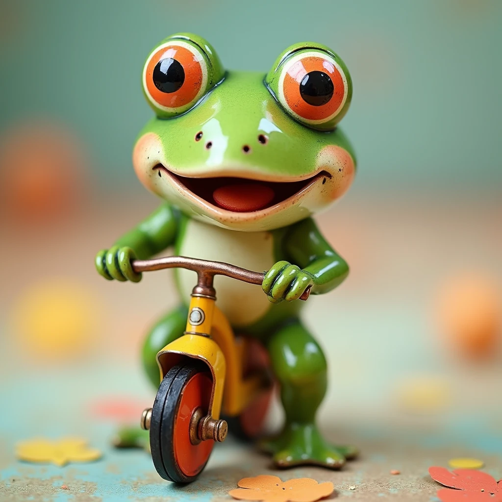 Frog toy on bicycle, tin plate toy, close-up expression, blurry background,